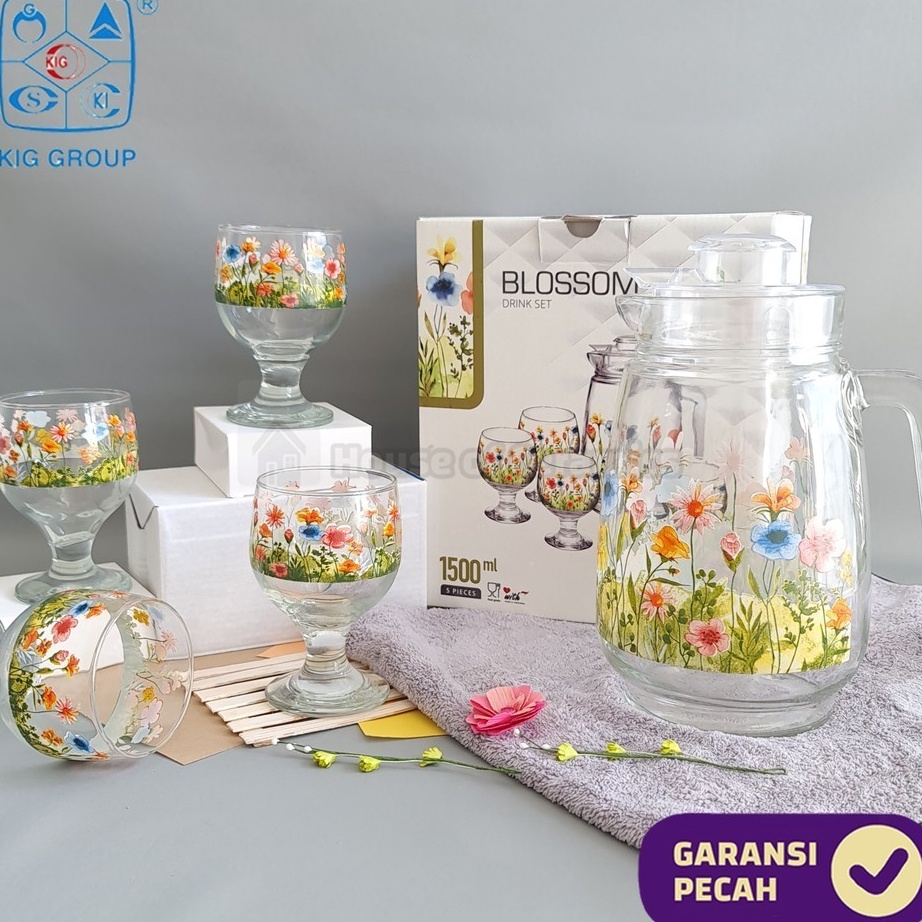 Wah K 1 SET Drink Teko Cangkir Set BLOSSOM Pitcher Set Beling Jug Drink Set 4 Gelas Gagang  1 Teko B