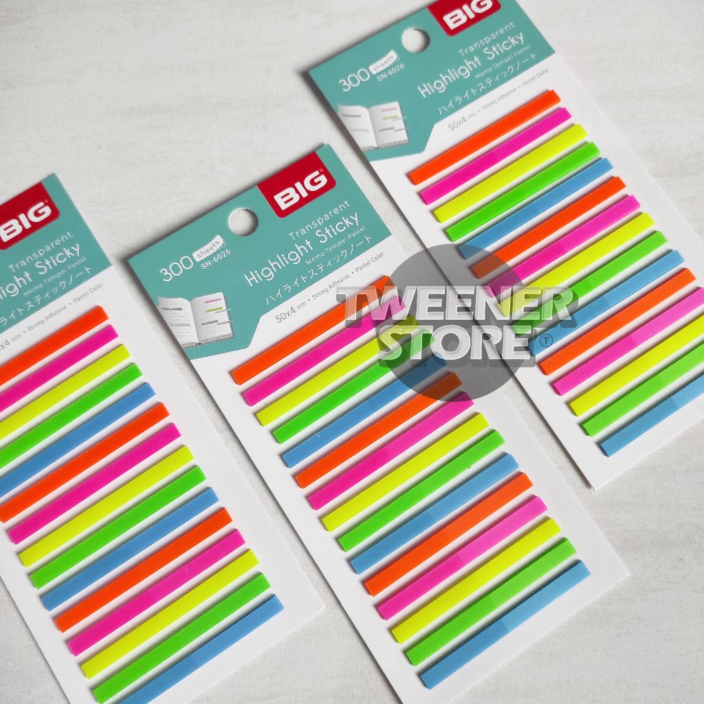 

BIG SN-6026 Highlight Sticky Translucent NEON 50x4mm | 300sheets Pembatas Buku Memo Tempel