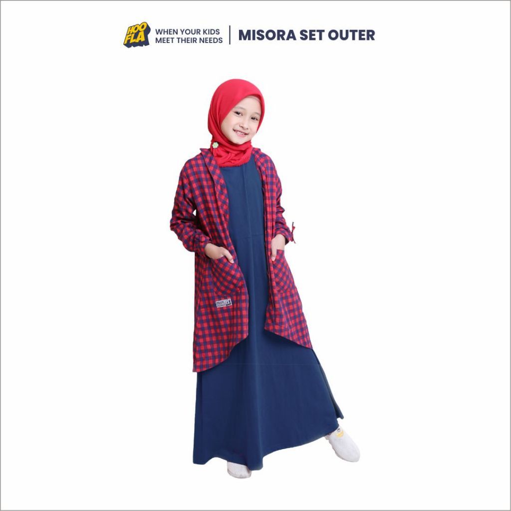 Hoofla Kids MISORA Setelan Dress Gamis Kemeja Anak Perempuan Muslim 3-13 Tahun Red Navy