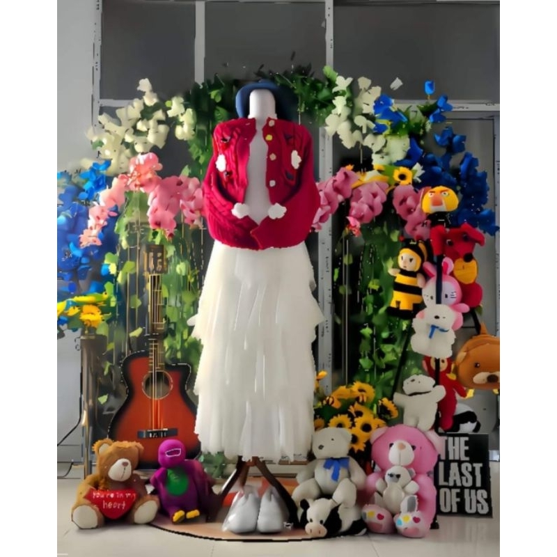 Cardigan Rajut Premium crop Merah puff putih