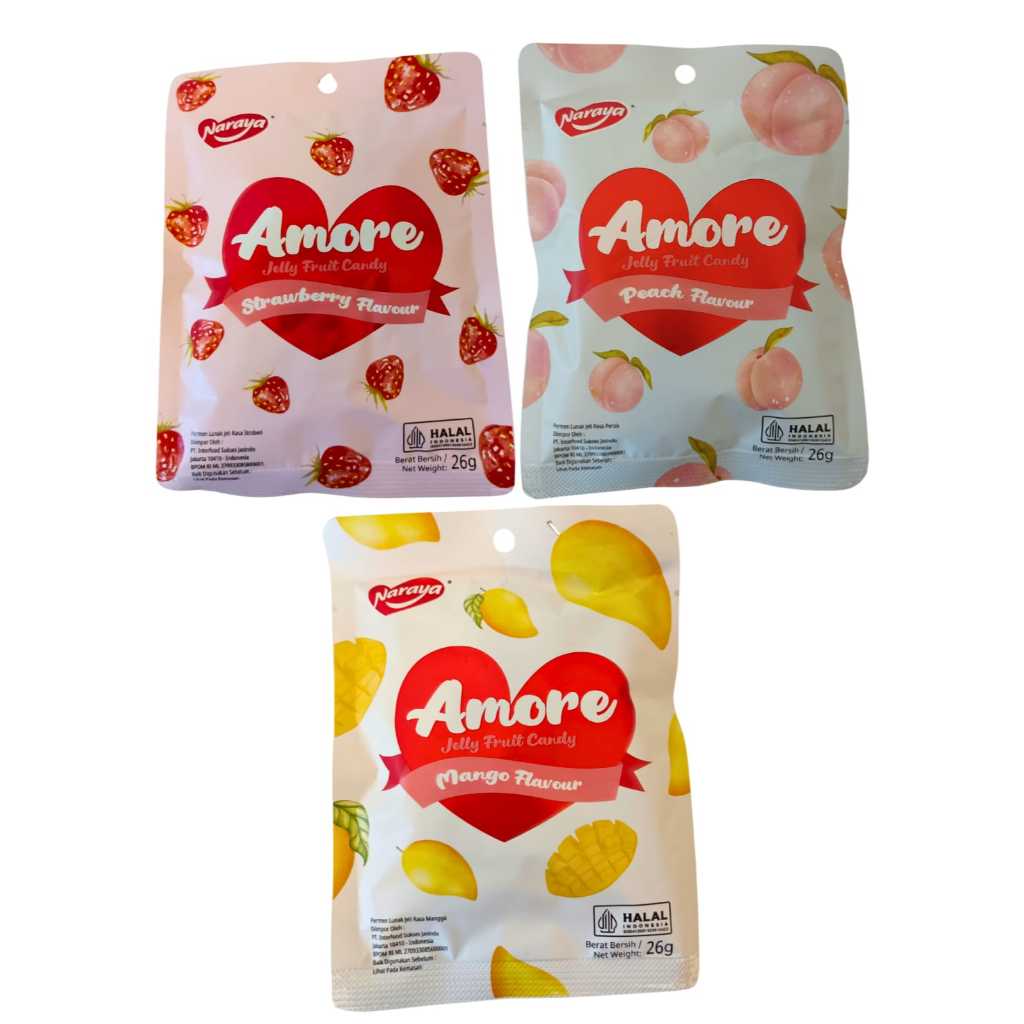 

NARAYA AMORE Jelly Fruit Candy Strawberry Mango Peach Flavour Permen Lunak Aneka Rasa Buah 26g