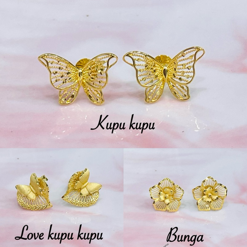giwang love kupu kupu bunga kerawang simple elegant emas asli kadar 700
