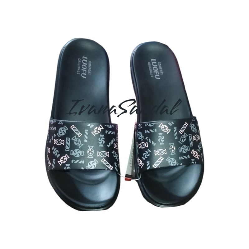 Sandal Wanita Sandal Slop Hitam Sandal flat Sandal teplek Original Luofu