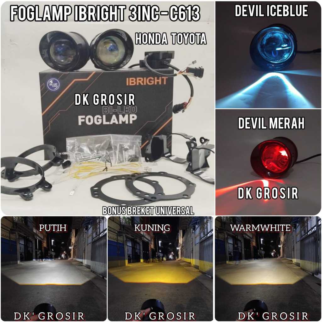 IBRIGHT C613 - Sepasang Foglamp Blue Lens 3Inc High Low  Toyota Honda Plus Breket Universal WaterPro