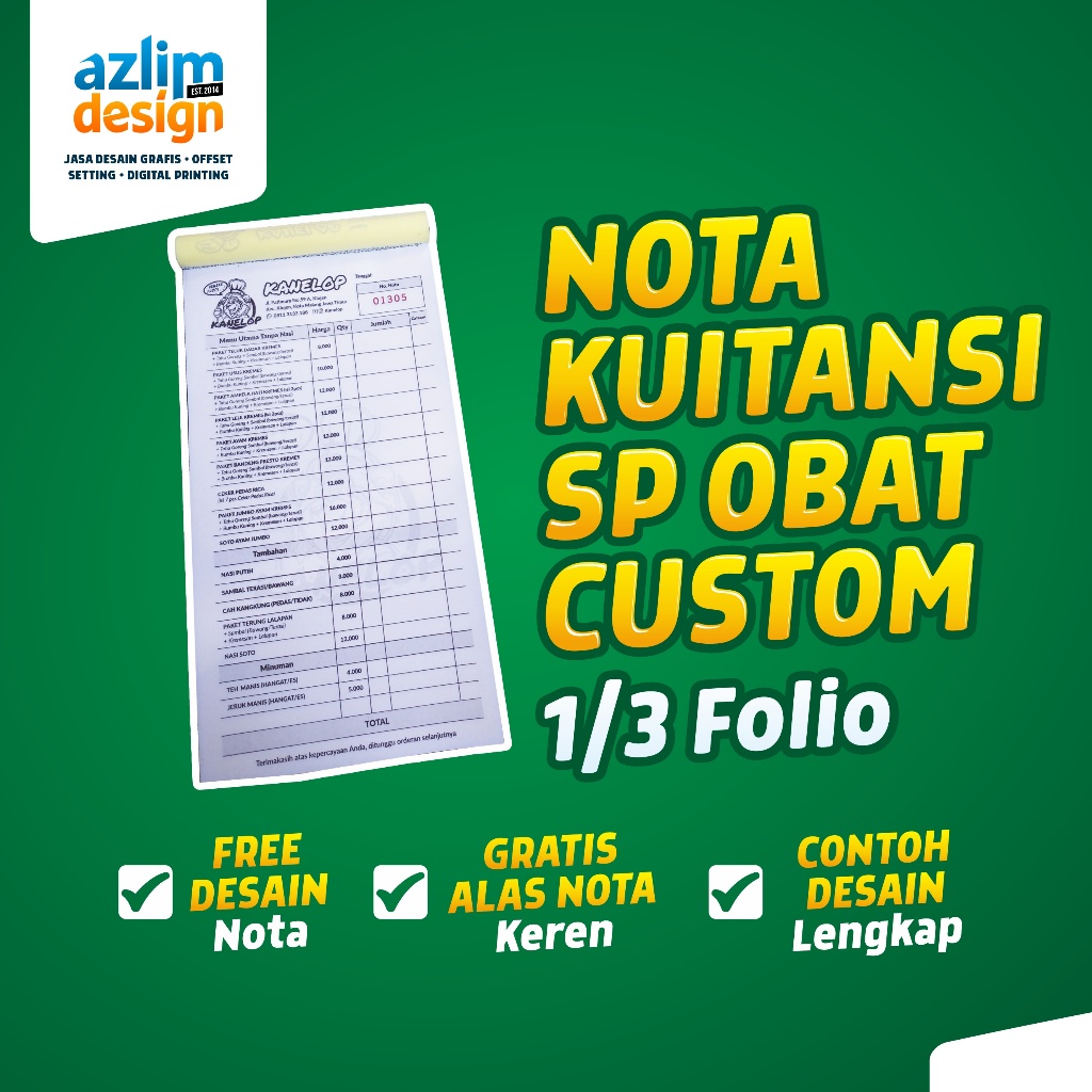 CETAK KUITANSI CUSTOM NOTA LAUNDRY NCR / KWITANSI TRAVEL (1/3 Folio) 2 Ply dan 3 Ply