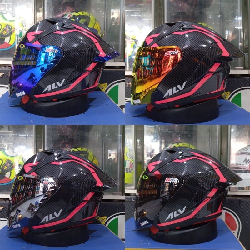 Helm half face ALV Ultron Pro New Motif Carbon Strip Pink Paket ganteng+Spoiler