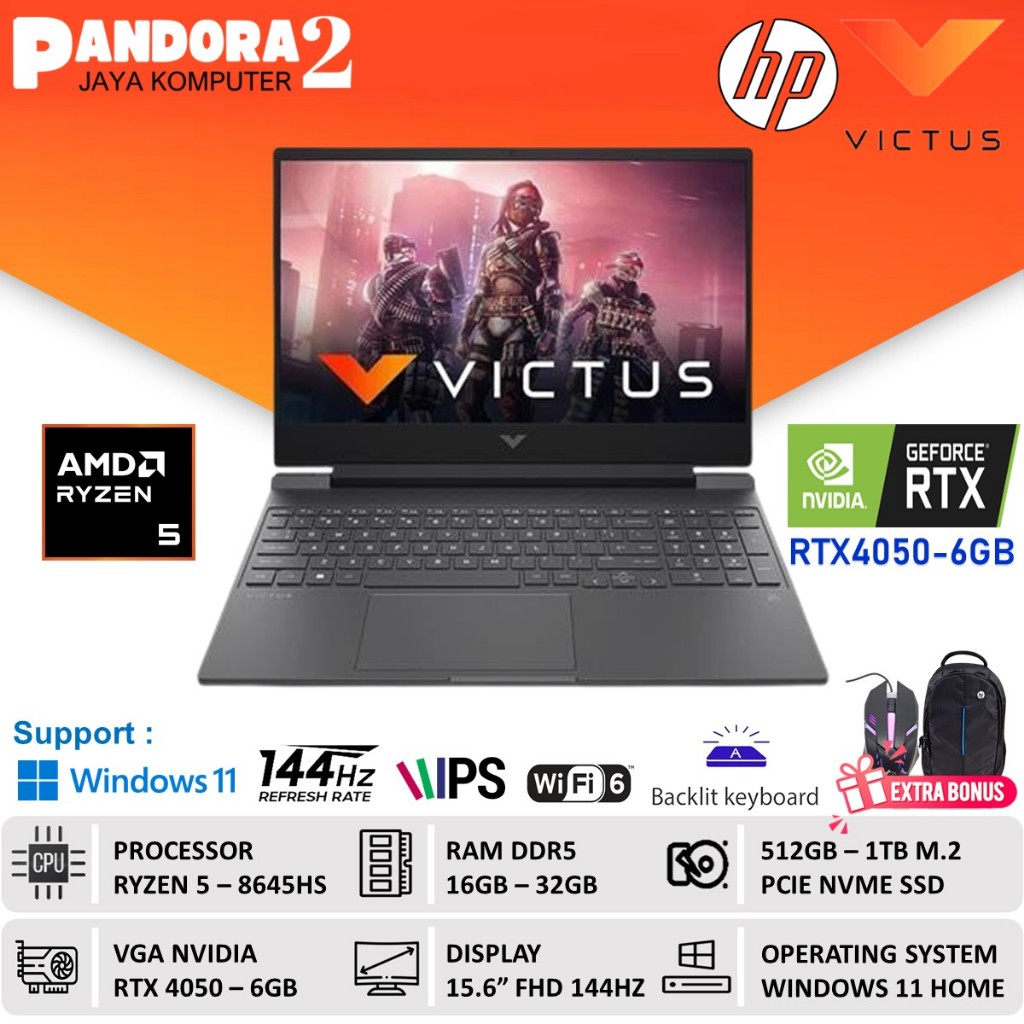 HP Victus 15 Gaming Ryzen 5 8645HS RTX4050 RAM 32GB SSD 1TB Full HD IPS 144Hz Windows 11 Terbaru