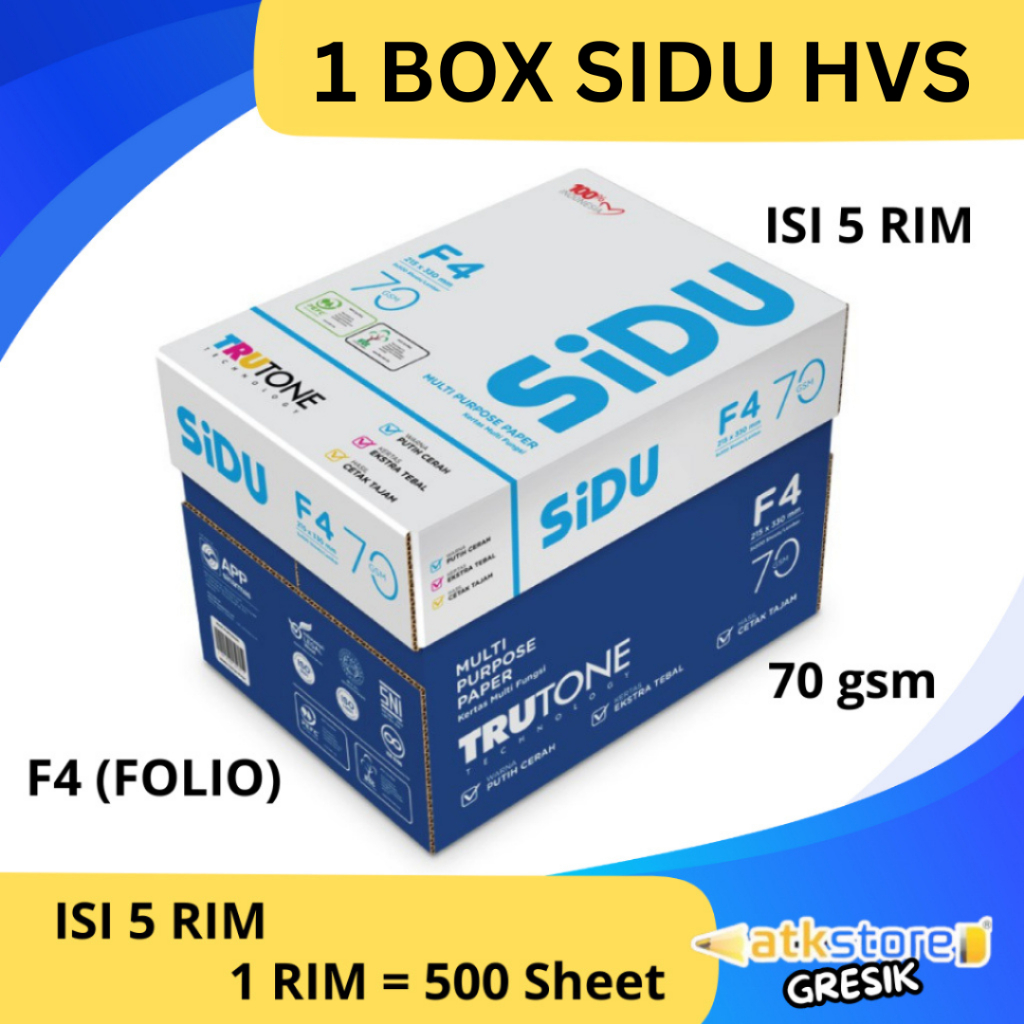 

KERTAS HVS SIDU Sinar F4 FOLIO 70 GSM 1 BOX/5 RIM Kertas Print Fotocopy Kertas Cetak Tebal Murah
