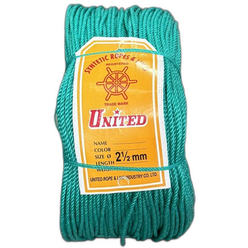 

TALI TAMBANG/PLASTIK/KAMBING/NYLON 2,5 MM MERK UNITED / SERAT BENANG WARNA WARNI 2 1/2 MM
