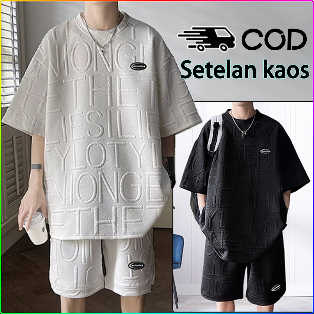 (New Bahan tebal)baju setelan pria 2024 Distro setelan kaos oversize pria+celana pendek cowok