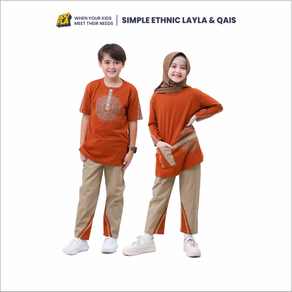 Hoofla Kids Layla Qais Setelan Baju Kaos Tunik Anak Perempuan Laki-Laki Muslim Oneset Lengan Panjang
