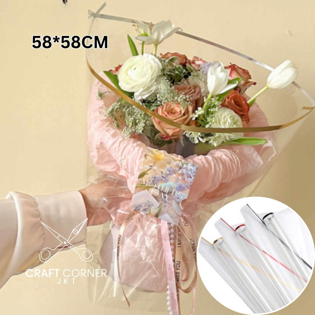 

[5 LBR] Flower Wrapping List Gold Transparant Plastik Kertas Paper Polos Pembungkus Bunga 58*58cm