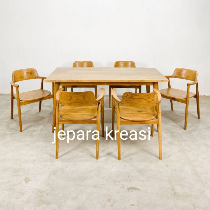 meja makan kayu jati 6 kursi minimalis, set meja makan  kayu jati 6 kursi minimalis