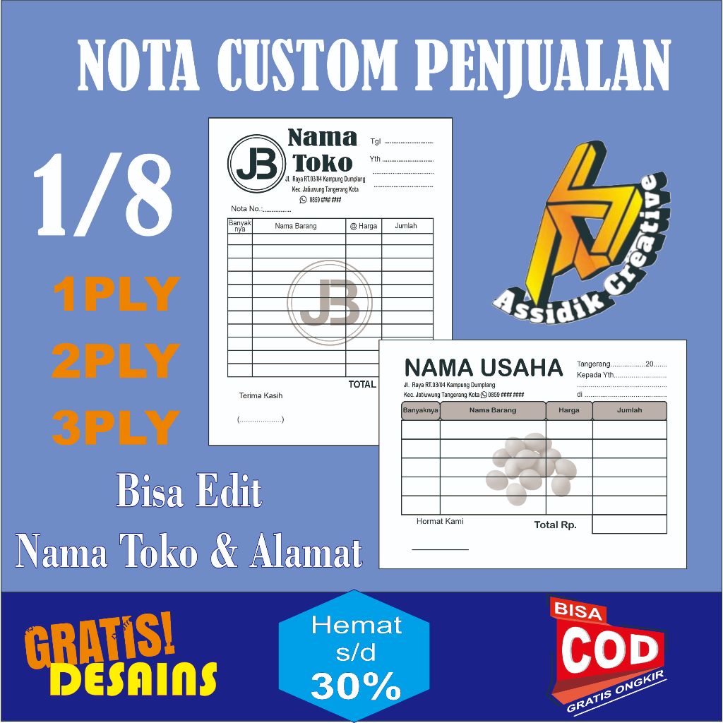 

Nota Penjualan Custom 1/8 folio 1 ply 2 ply 3ply Free Desains Kertas Ncr Best Quality