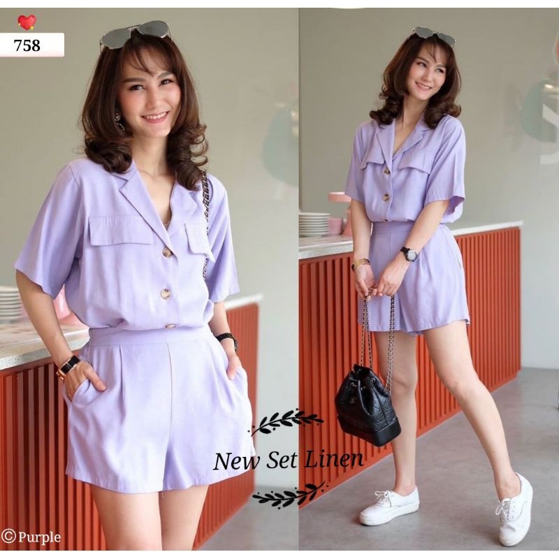 PAKAIAN WANITA BAJU ATASAN KEMEJA + CELANA PENDEK  SETELAN STELAN ONE SET LINEN NEW