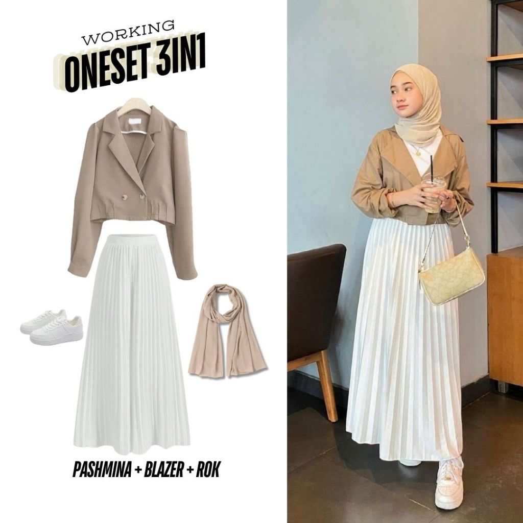 3in1 One set wanita blazer jas rompi kerja rok plisket putih pashmina ceruty | ootd outfit anak pere
