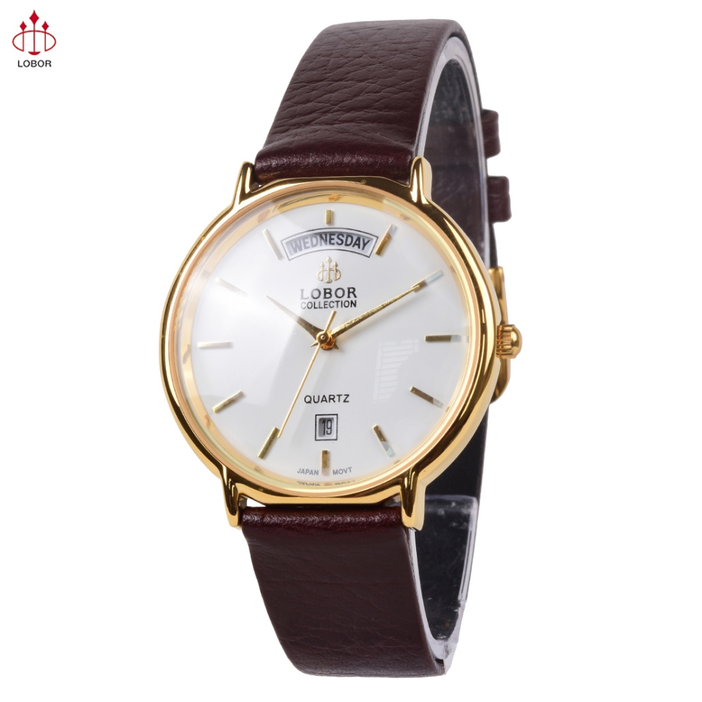 Lobor Dress Watch D2703-2M Jam Tangan Analog Pria - Gold Case White Dial Brown Leather Strap