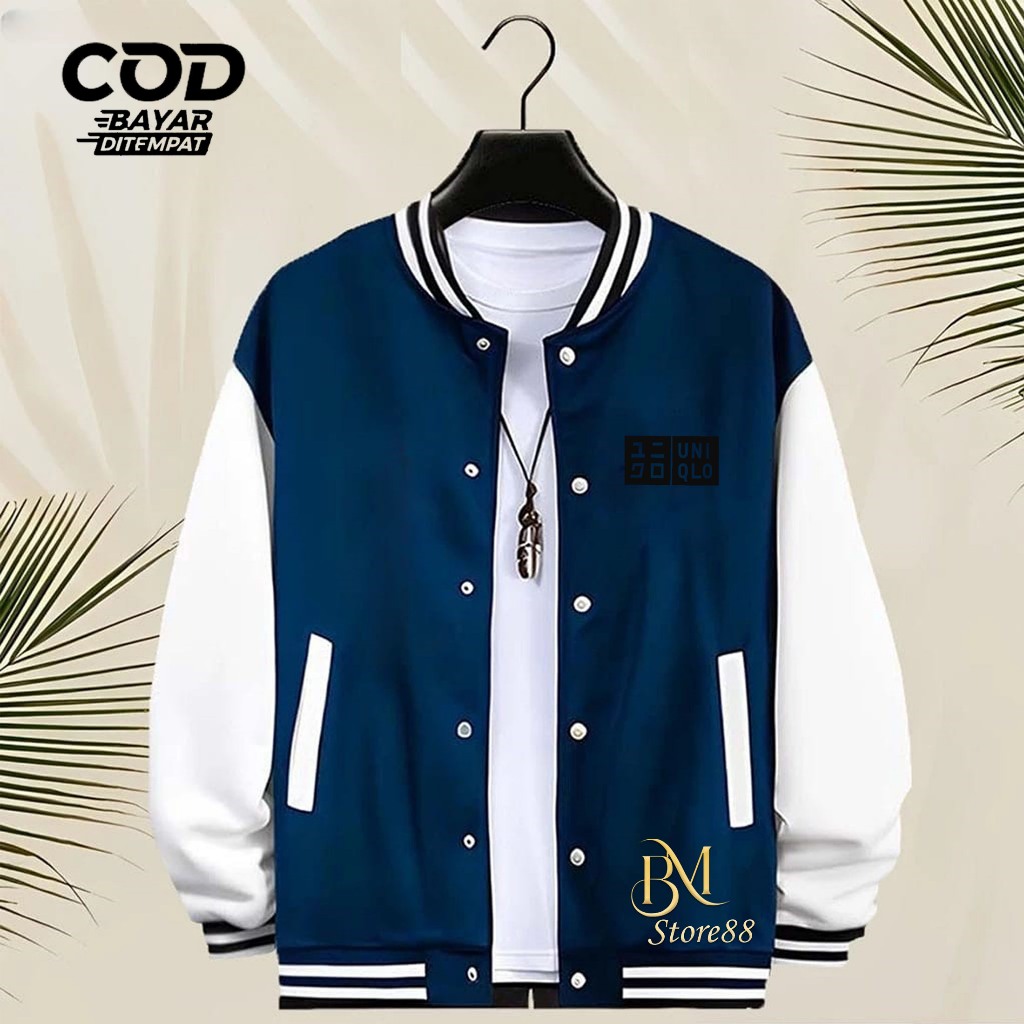 LANSUNG COD Jaket Bomber Varsity Baseball Kancing Uniqlo Text Hitan Jaket Varsity Pria / Baseball Di