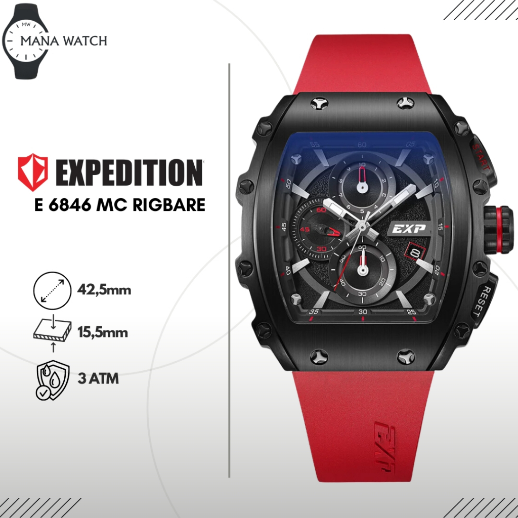 Jam Tangan Expedition E 6846 MC RIGBARE Chronograph Hitam Dial Merah Strap