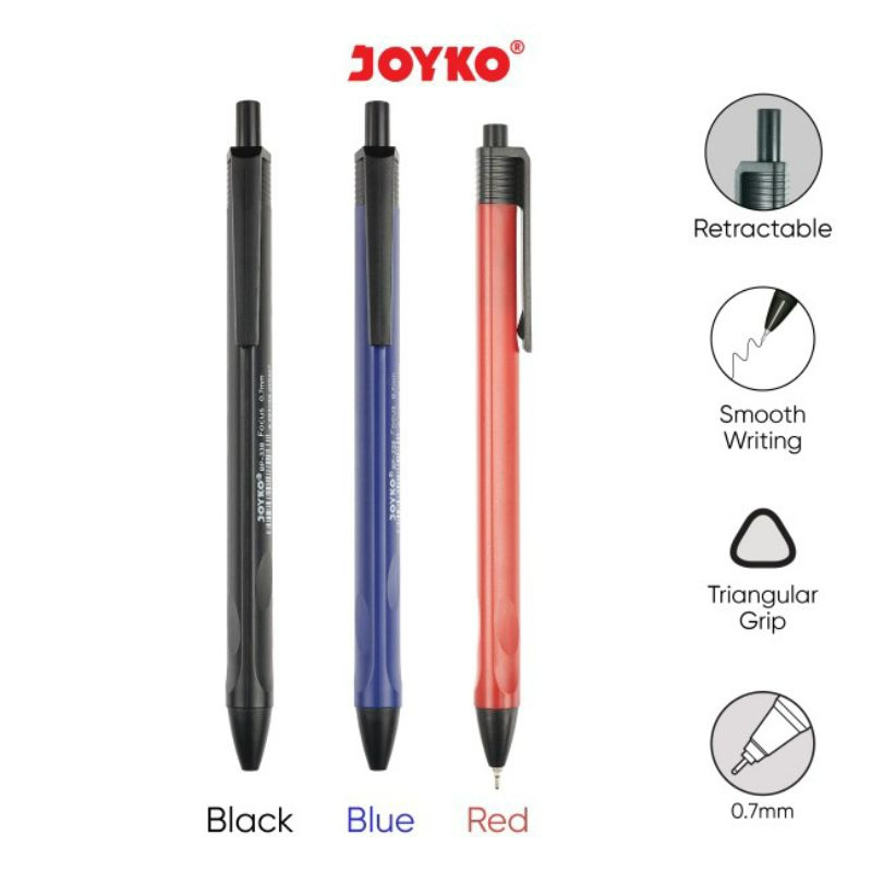 

(1 Pak = 12 Pcs) Ball Pen Pulpen Pena Joyko BP-338 Focus 0.7 mm HITAM MERAH BIRU