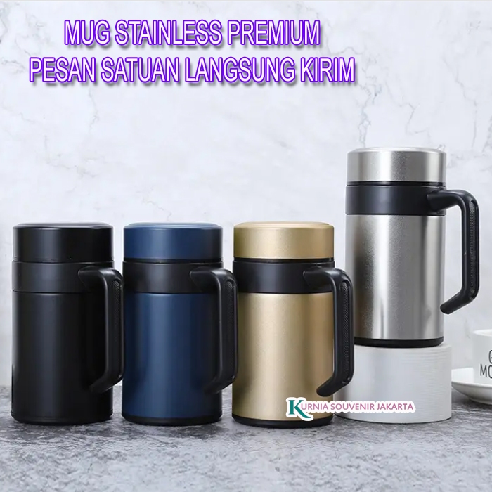 Termos Stainless Stell Mug 400ML Mug Gagang 400ML- Botol Minum Vacuum Stainless Polos- HITAM