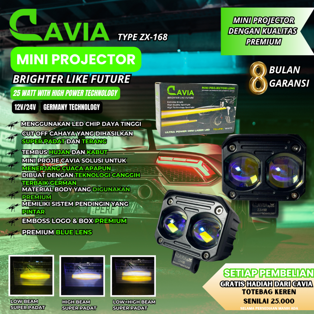 CAVIA - PREMIUM MINI PROJIE LAMPU TEMBAK LASER SOROT LED MOBIL MOTOR FOGLAMP SQL 2 MATA SQL 3 MATA W