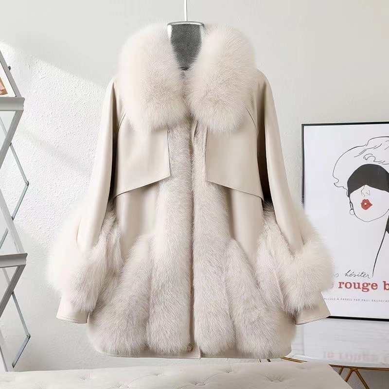 Jaket Bulu Angsa Kulit Domba Panjang Menengah Bulu Rubah Gaya Laris Musim Dingin 2024 Jaket Satu Pot