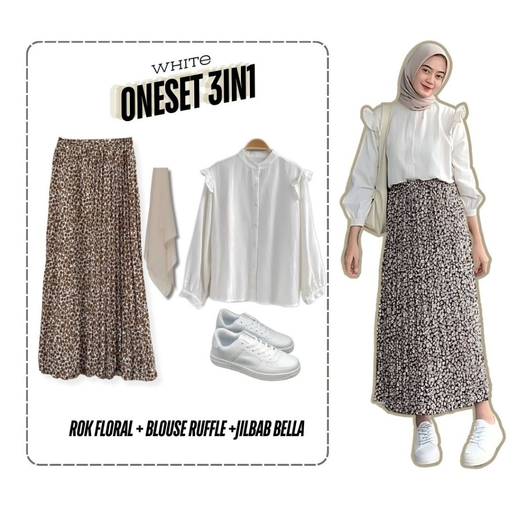 3in1 One set blouse atasan wanita putih rempel ruffle rok plisket coklat motif jilbab bella square |