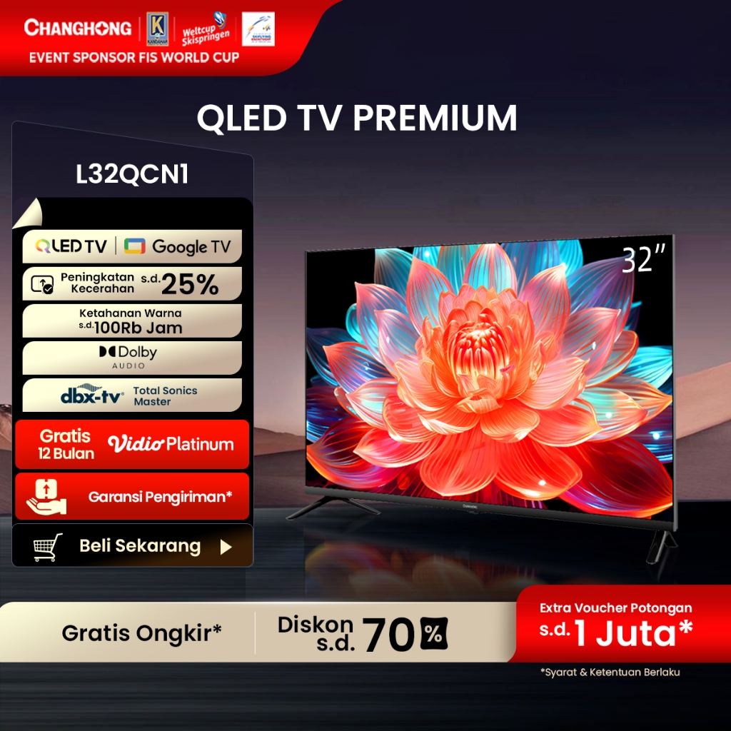 Changhong QLED TV 32 inch HD Dolby Audio Google Play Netflix Youtube Bluetooth USB Google Assistant 