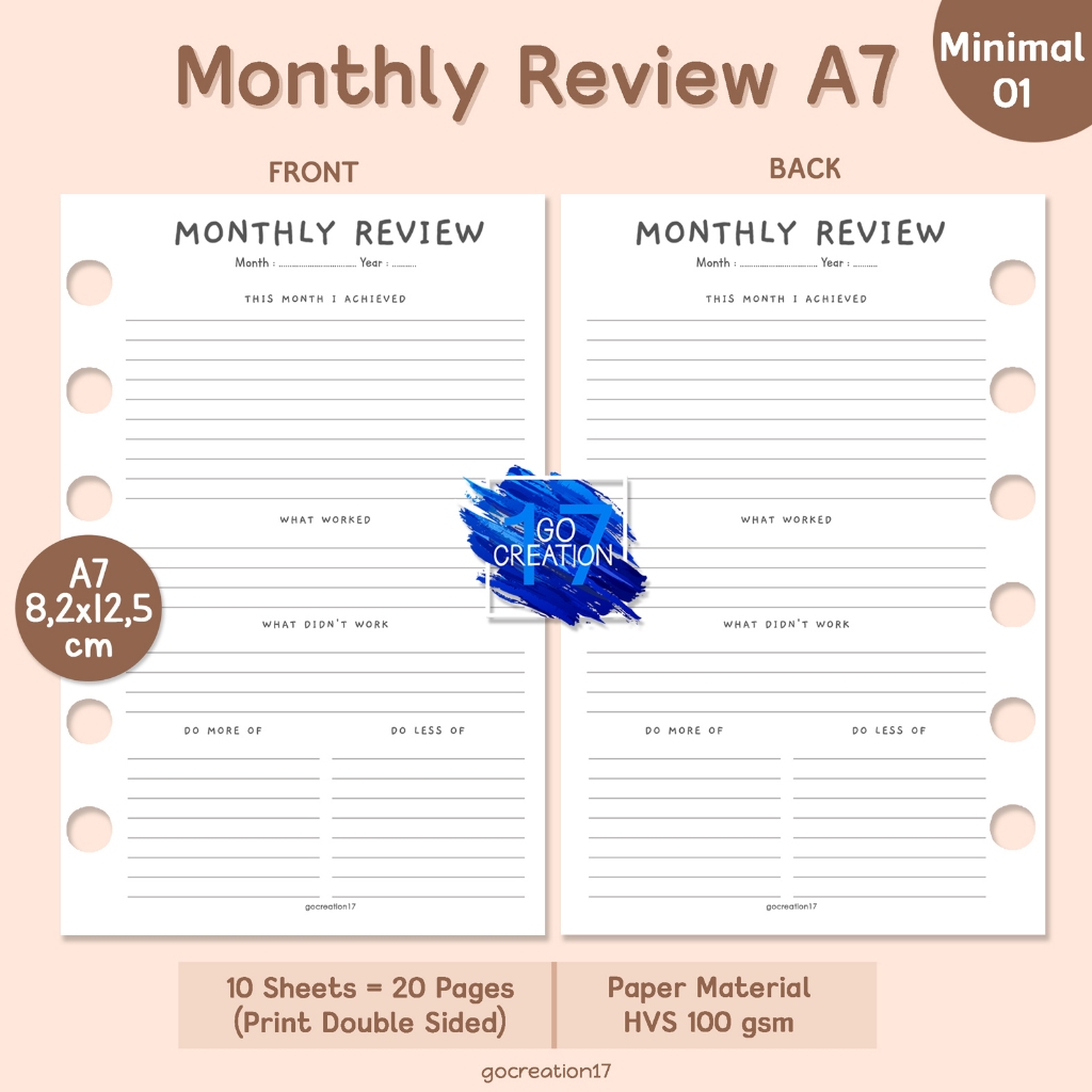 

Buku Planner Refill Kertas Isi Binder Monthly Review Simple Minimalis A7