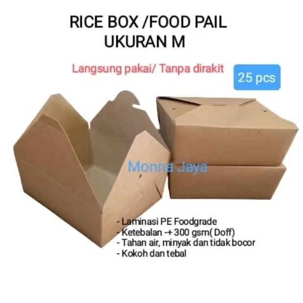(Isi 25 pcs) Paper Rice Box/ Food Pail/ Paper Lunch Box / Kotak Makan Dus Coklat Ukuran M/ Laminasi 