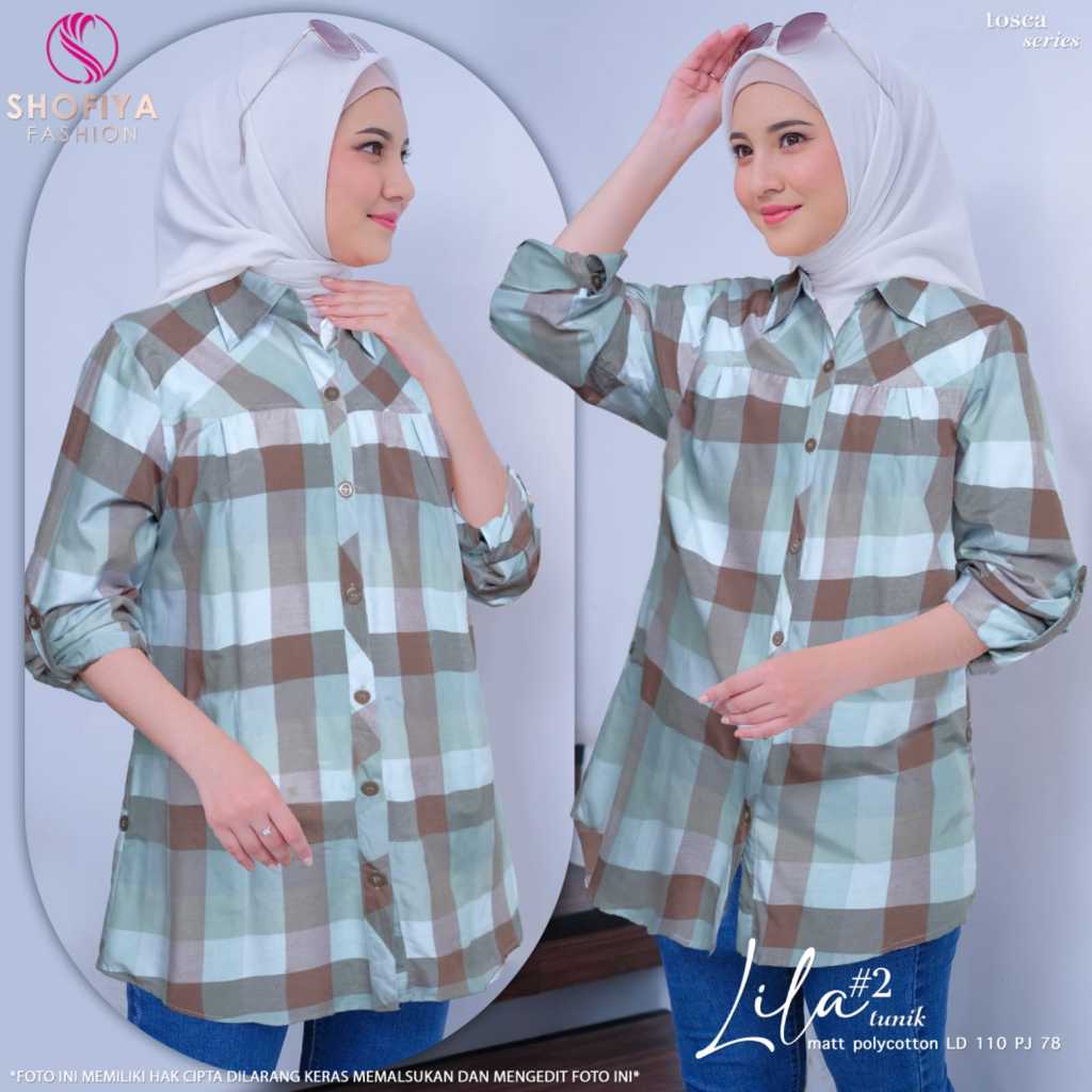 Lila tunik kemaja atasan wanita muslim jumbo ld 110  xxl katun kotak kotak kekinian terbaru 2024