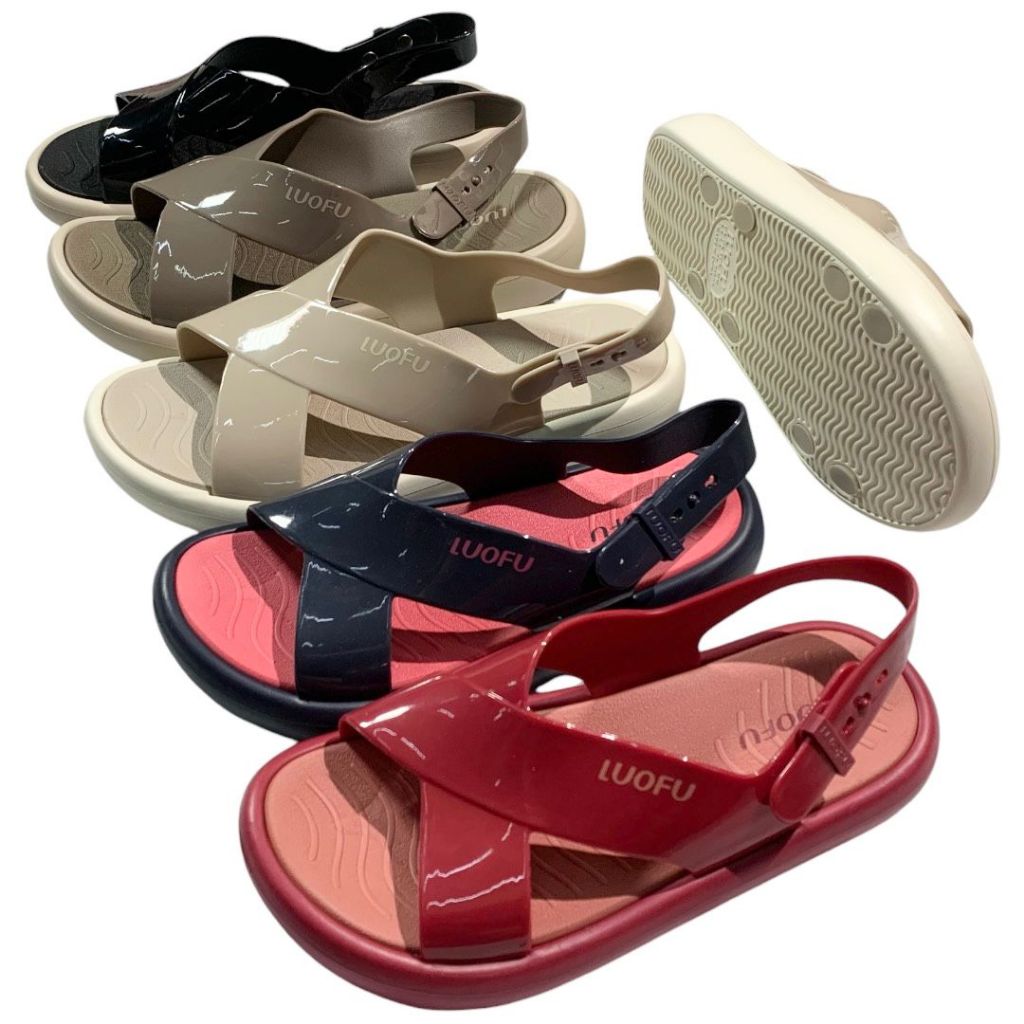 Luofu Sandal Selop Karet Wanita Silang Tali Belakang Glossy Import Empuk E7212-SKTL6W (AZ5)