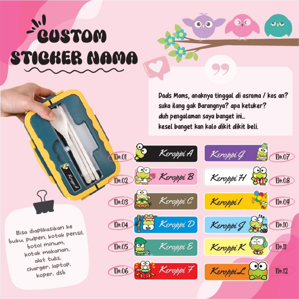 

STICKER LABEL NAMA ANIME SANRIO KEROPPI CUTE PINK VERSION STIKER LEBEL CUSTOM PREMIUM MURAH LUCU BISA TEMPEL DI BUKU KOTAK PENSIL HELM BOTOL MINUM KOTAK MAKANAN ALAT TULIS KOPER LAPTOP HP PINTU KACA