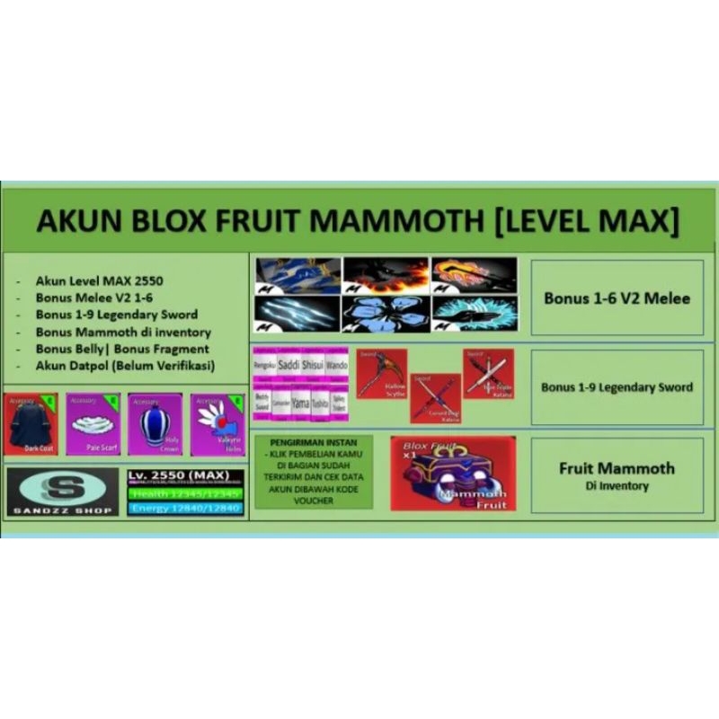 Akun Blox Fruit MAMMOTH [Level MAX] [Datpol] [Belum Verifikasi]