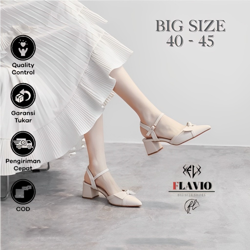 Toko Flavio - Big Size 40-45 | Sepatu Pita Pesta Wanita High Heels 5cm Ukuran Jumbo Besar | Q616 Bei