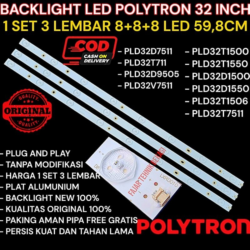 LAMPU BL BACKLIGHT LED TV POLYTRON 32 INCH INCI  8K 3V - 8 MATA 3 VOL - 8 KANCING  3VOLT PLD32T1500 