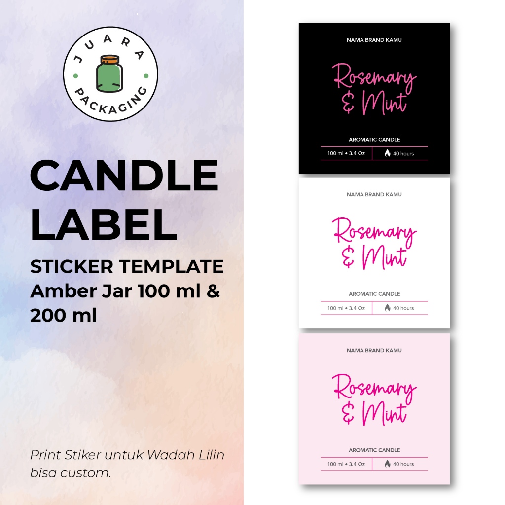 

[COSTUM] Print Label Stiker Lilin Pink Style untuk Jar Kaca Amber 100ml 200ml – Template Candle Label Elegan Warna Coklat Amber, Desain Stiker Kemasan Wadah Lilin Aromaterapi 100 ml 200 ml
