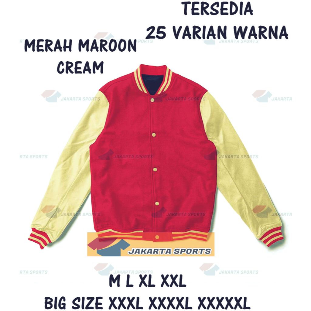 Jaket Varsity MERAH MAROON Lengan CREAM Baseball Pria Wanita Bomber Jacket