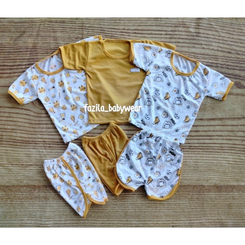3setel baju/celana oblong pendek bayi perempuan seri warna mustard