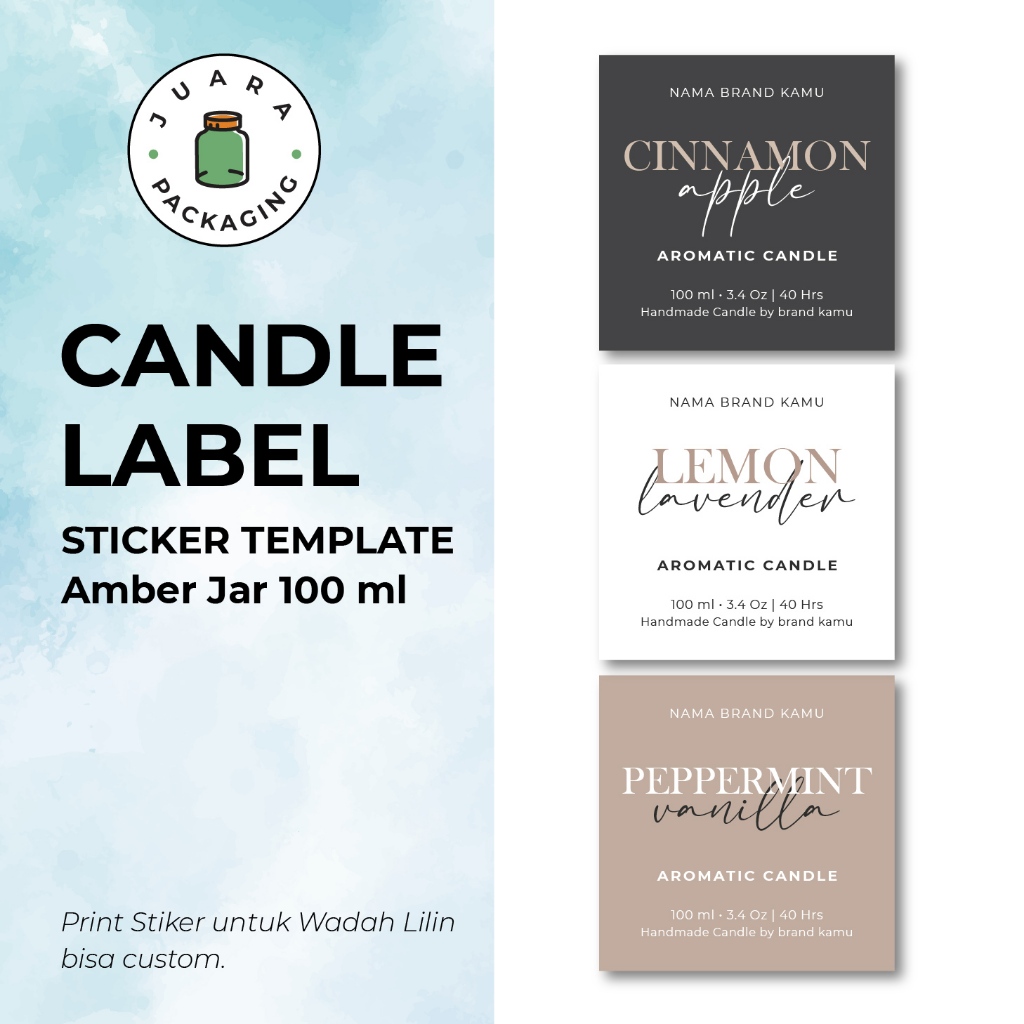 

[COSTUM] Print Label Stiker Lilin Elegan Style untuk Jar Kaca Amber 100ml 200ml – Template Candle Label Mewah Warna Coklat Amber, Stiker Kemasan Wadah Lilin Aromaterapi 100 ml 200 ml