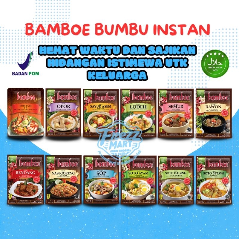 

Bamboe Lengkap Bumbu Masak Instan Nusantara Asia Halal Sehat Opor Sayur Asem Lodeh Semur Rawon Rendang Sop Nasi Goreng Soto Ayam Daging Madura Betawi Saus Lada Hitam Tom Yum Tomyum.