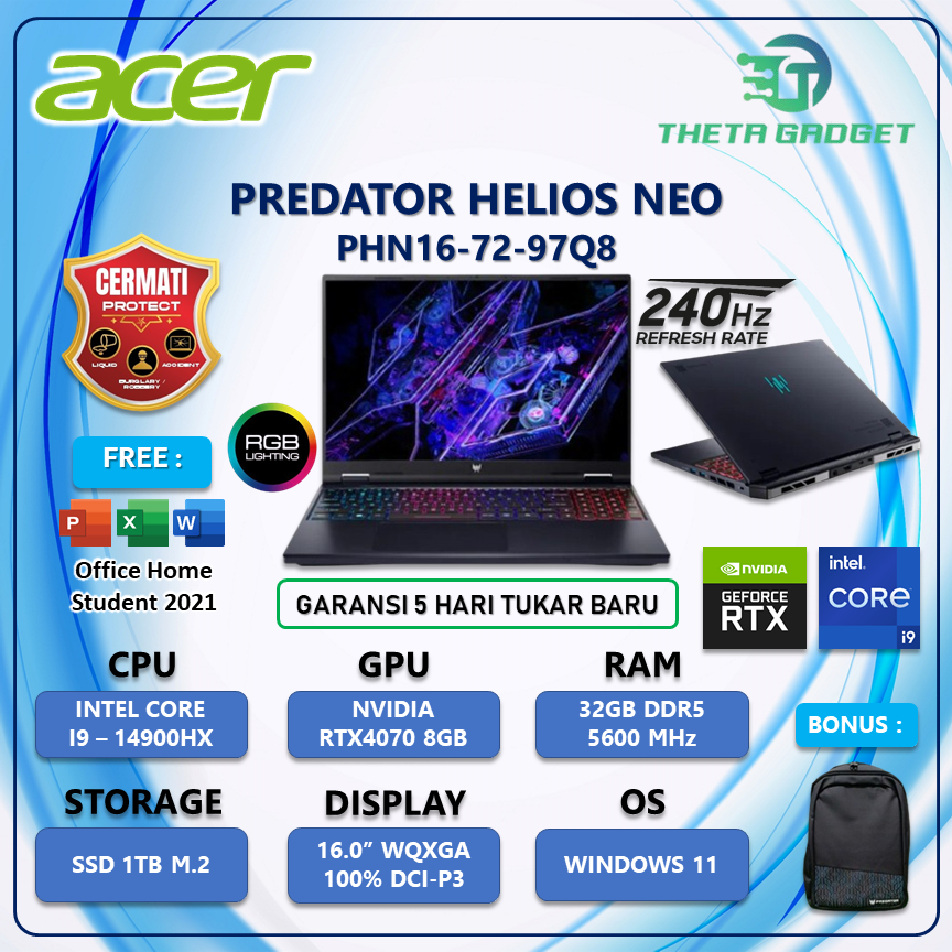 Acer Predator Helios Neo Intel Core i9 - 14900HX Rtx4070 8Gb/ 32Gb 1Tb 16.0" WQXGA 240Hz Win11+OHS