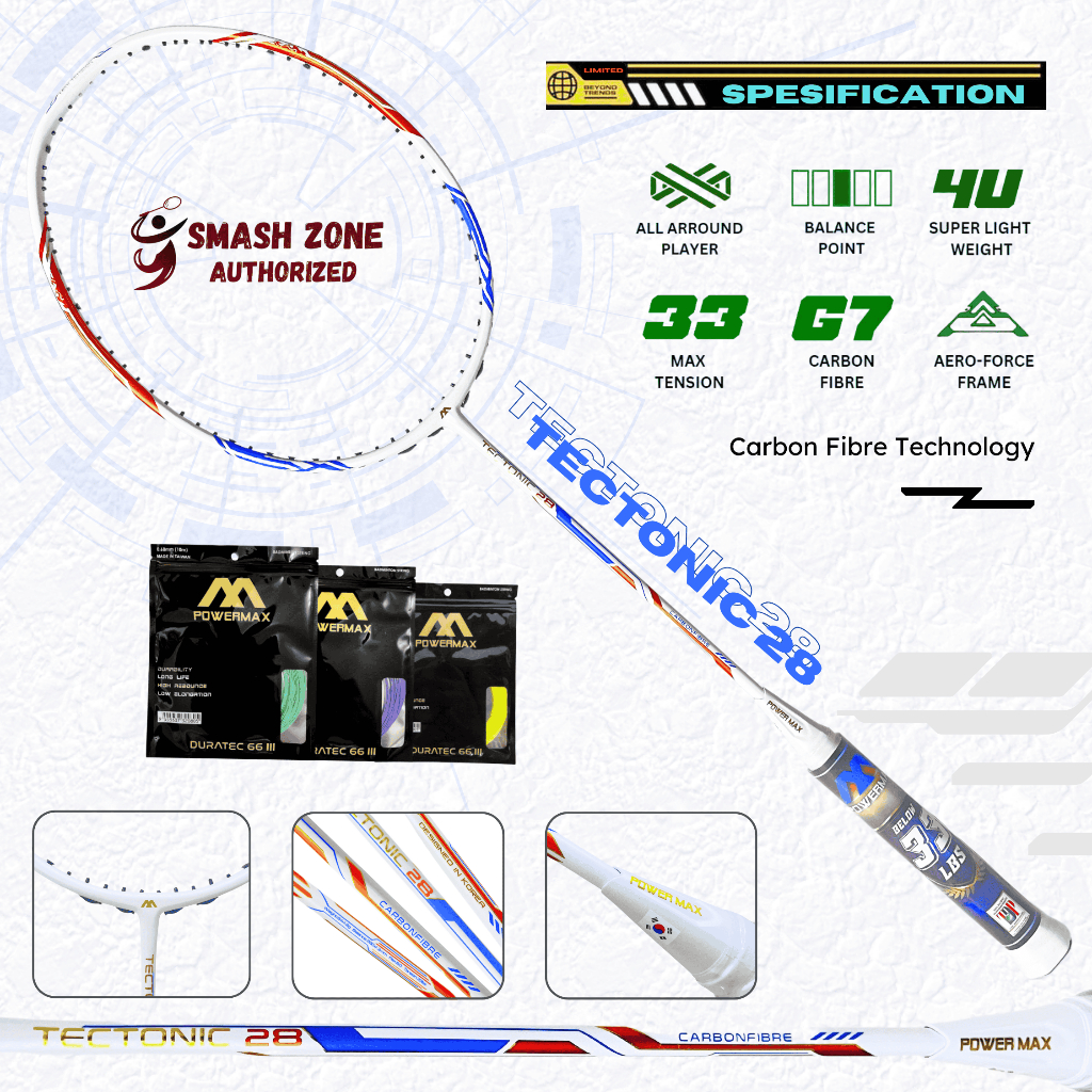 Raket Badminton POWER MAX Tectonic 28 Original 33 Lbs 4U Ultra High Modulus Graphite Bulu Tangkis