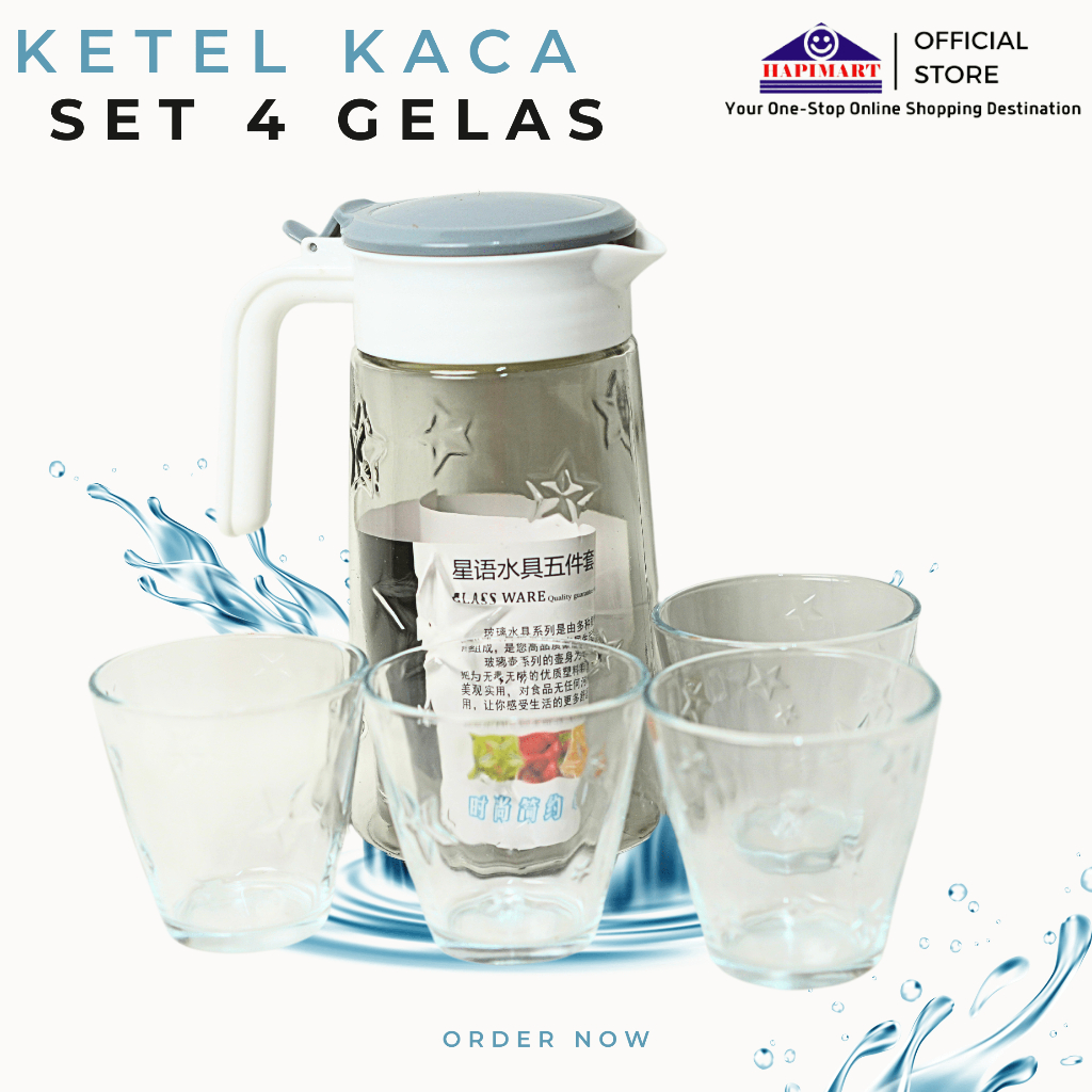 Set  Teko dan Gelas Mewah/ Teko Gelas Air 5 In 1 Kaca Tebal/Teko 1.3L Dan Gelas 300ML