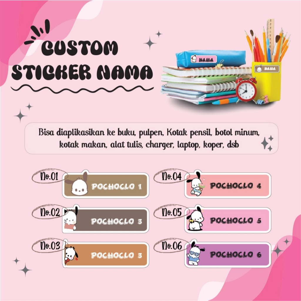 

STICKER LABEL NAMA ANIME SANRIO POCHOCLO CUTE PINK VERSION STIKER LEBEL CUSTOM PREMIUM MURAH LUCU BISA TEMPEL DI BUKU KOTAK PENSIL HELM BOTOL MINUM KOTAK MAKANAN ALAT TULIS KOPER LAPTOP HP PINTU KACA