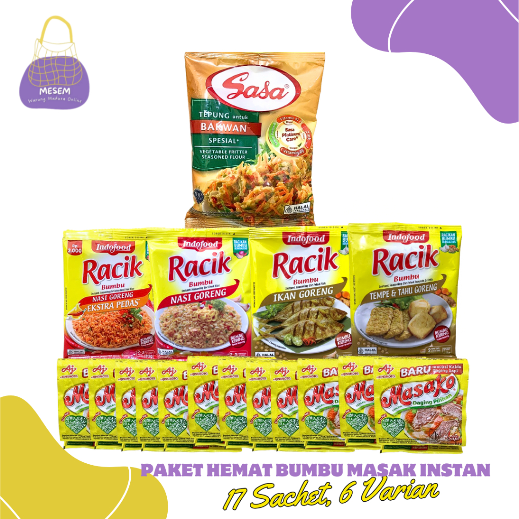 

Paket Hemat Bumbu Instan Sasa Tepung Bakwan 90 gram Racik Nasi Goreng Extra Pedas Racik Nasi Goreng Racik Ikan Goreng Racik Tahu Tempe Goreng Masako Rasa Sapi 8,5 gram Spices Bubuk Powder Masakan