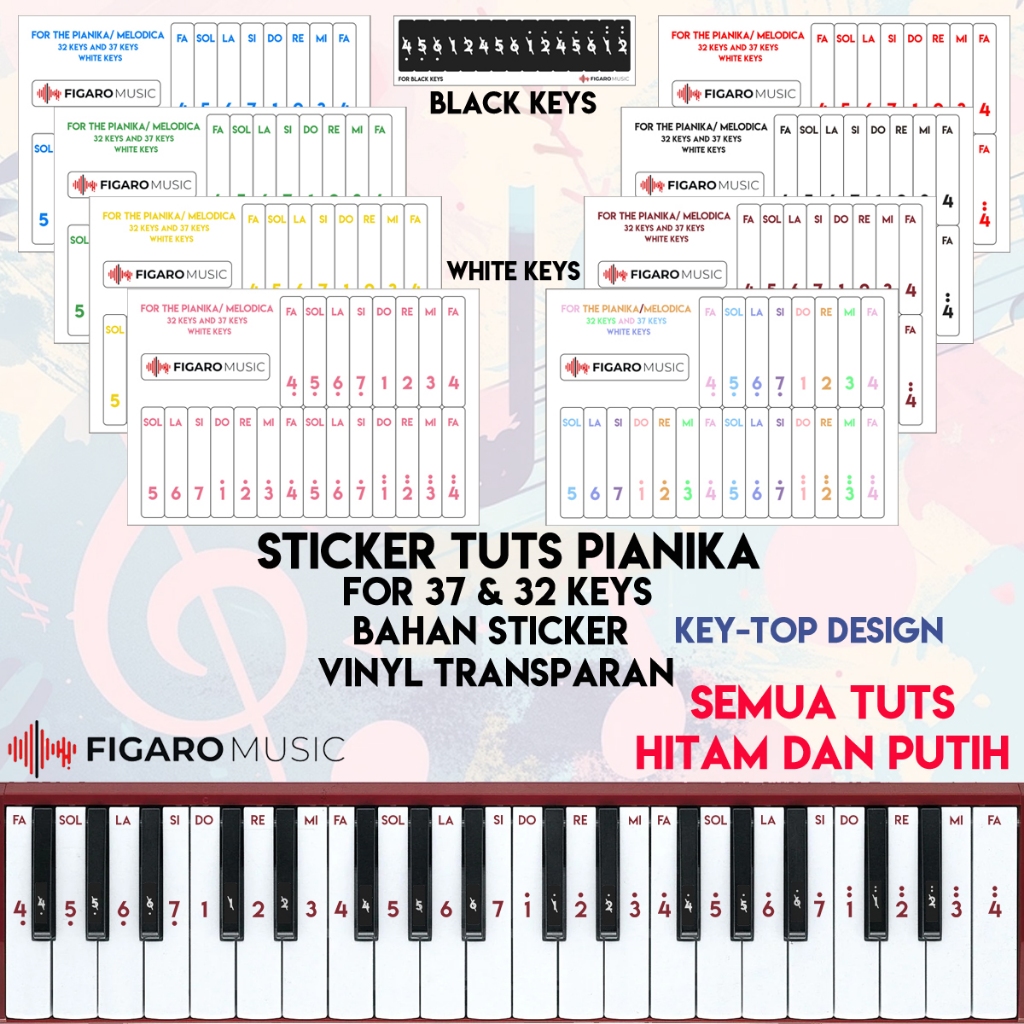 Stiker Pianika 37 Keys, 32 Keys - Sticker Tuts Pianika Melodica Simple Polos - Key Top Design