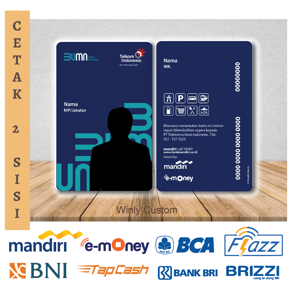 KARTU E MONEY BUMN ID CARD TELKOM ETOLL EMONEY MANDIRI FLAZZ BCA BNI TAPCASH BRIZZI BRI - 2 SISI