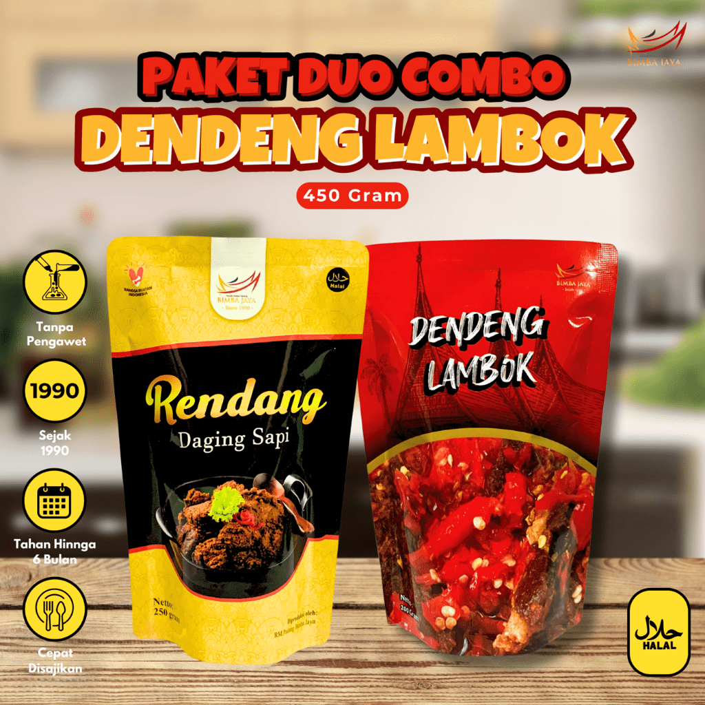 

PAKET COMBO Rendang Padang Daging Sapi dan Dendeng Balado Pedas Basah Sachet Tahan Lama BIMBA JAYA